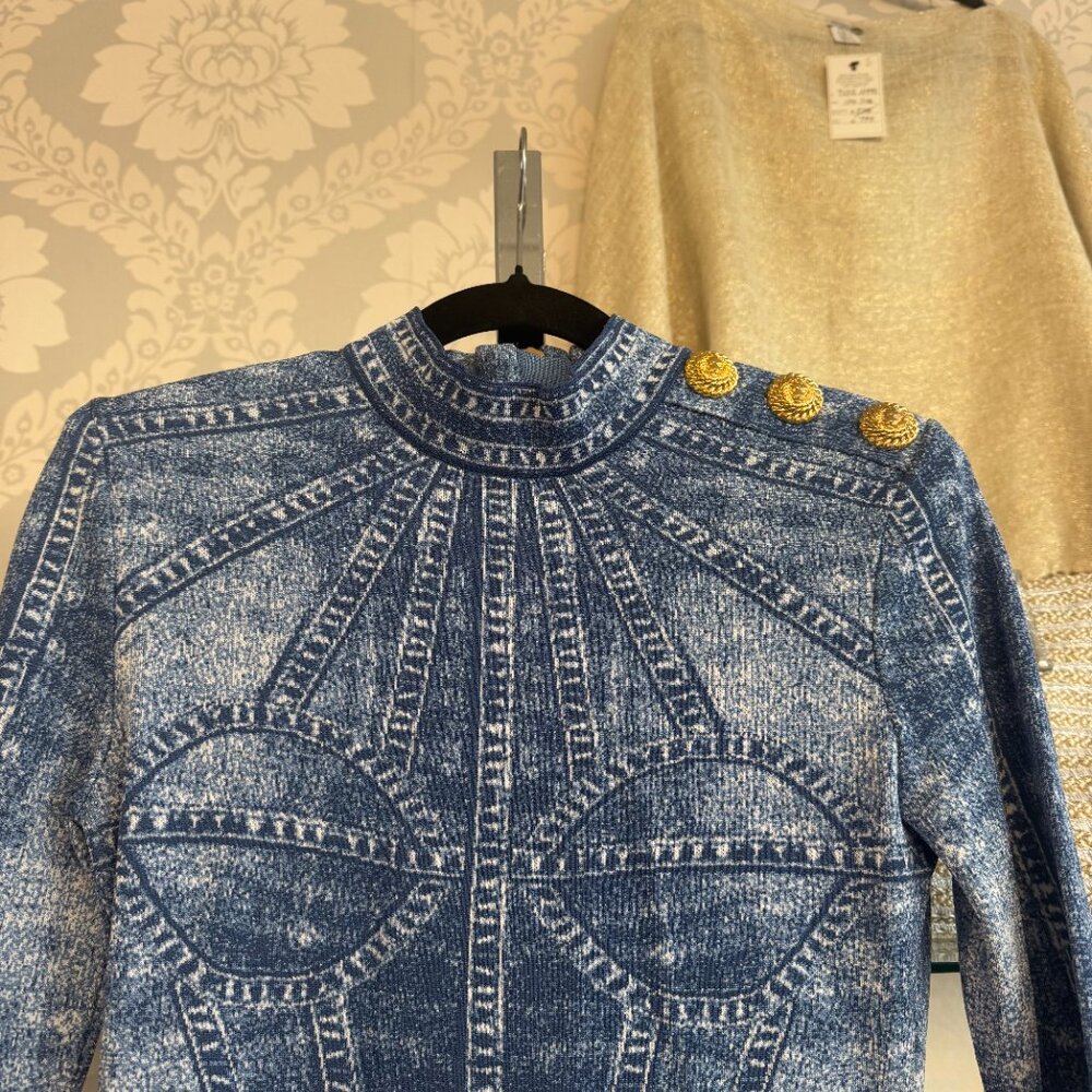 Balmain Denim Jacquard Knit Mini Dress - Size 40 - Picture 2 of 12